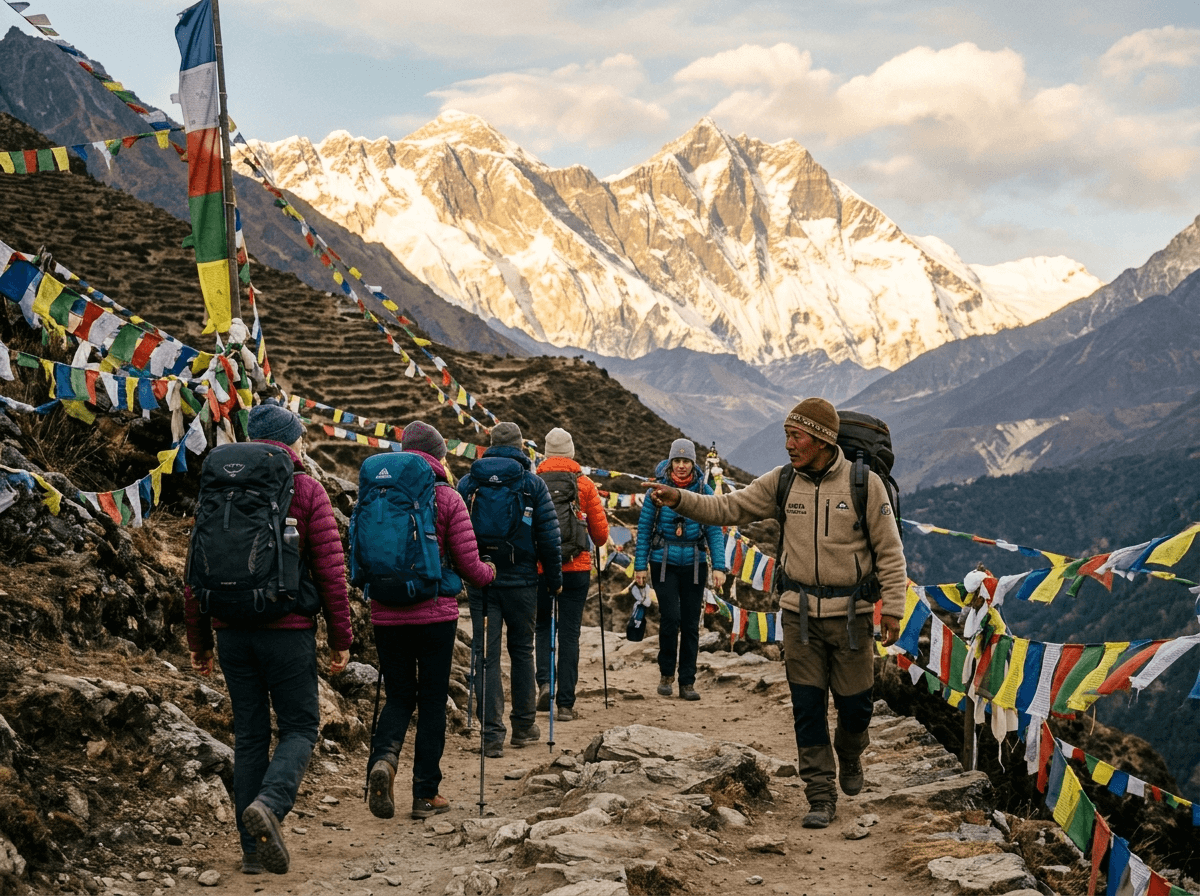 Trekkers on the trail to Everest Base Camp with Himalayan peaks behind